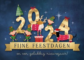 Vrolijke 2024 kerstkaart met illustratie van lieve diertjes