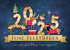 Vrolijke 2025 kerstkaart met illustratie van lieve diertjes