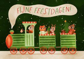 Vrolijke groene kerstkaart met een trein vol dierenvriendjes