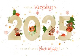 Vrolijke kerstkaart dieren met cadeautjes 2025 wit