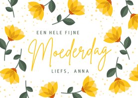 Vrolijke moederdagkaart met gele bloemen en tekst
