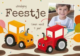 Vrolijke uitnodiging kinderfeestje rode en gele tractors
