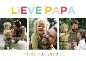 Vrolijke vaderdagkaart met regenboogtypografie en foto's