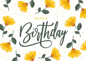 Vrolijke verjaardagskaart met gele bloemen en happy birthday