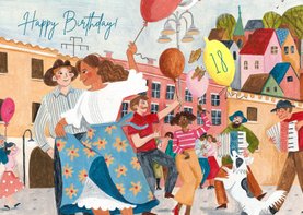 Vrolijke verjaardagskaart straat feestje ballonnen