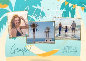 Zonnige vakantiekaart met foto's strand hangmat en palmen