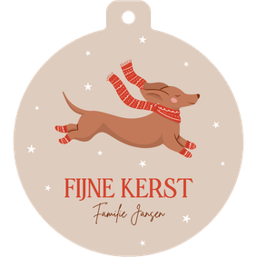 Beige kerstkaartje in kerstbal vorm met teckel en sterren