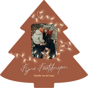 Bruine kerstkaart kerstboom met lampjes en foto