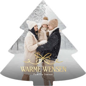 Fotokaart kerstmis in kerstboom vorm met gouden strik 