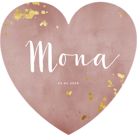 Geboortekaartje hartvorm oud roze waterverf gouden spetters