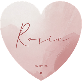 Geboortekaartje met roze waterverf en hartje in hartvorm