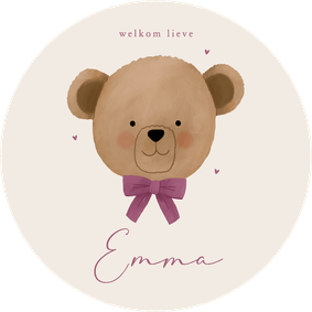 Geboortekaartje rond teddybeer met paarse strik