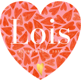 Hartvorm geboortekaartje met speelse geïllustreerde hartjes