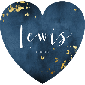 Hartvormig geboortekaartje blauwe waterverf gouden spetters