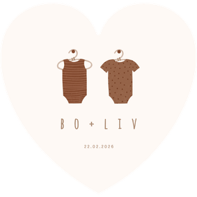 Hartvormig geboortekaartje tweeling met 2 rompertjes