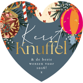 Hartvormige kerstkaart kerstknuffel kerstbal goud hartjes