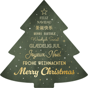 Internationale zakelijke kerstkaart met kerstboom in talen