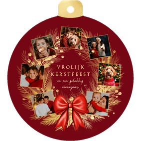 Kerstbal fotocollage gouden kerstkrans met rode strik