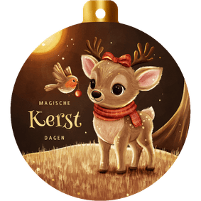 Kerstbal kaart hert met roodborstje in sprankelend bos