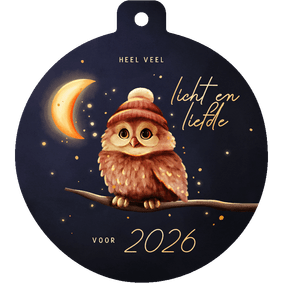 Kerstbal kerstkaart uiltje licht en liefde voor 2026