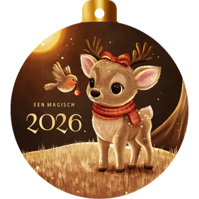 Kerstbal nieuwjaarskaart hert met roodborstje in bos