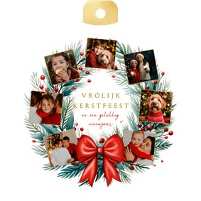Kerstbalkaart fotocollage met kerstkrans en rode strik