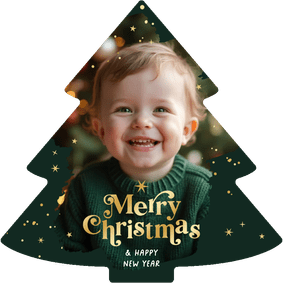 Kerstboom fotokaart merry christmas goud sterren