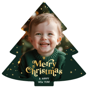 Kerstboom fotokaart merry christmas goud sterren