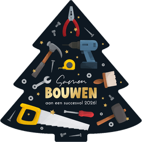 Kerstboom kerstkaart bouwbedrijf gereedschap sterren goud