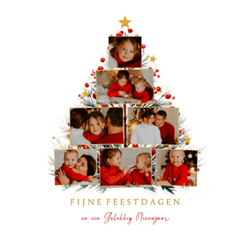 Kerstboomvorm fotocollage met takjes en sterren