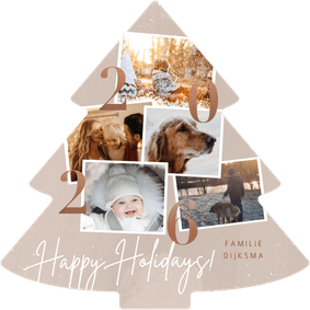 Kerstkaart beige fotocollage met jaartal 2026 happy holidays