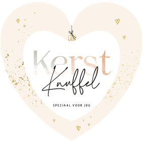 Kerstkaart hartvorm kerstknuffel gouden spetters