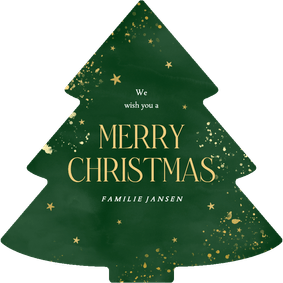 Kerstkaart in kerstboom vorm groen waterverf merry christmas