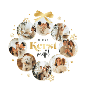 Kerstkaart kerstbal fotocollage hartjes sneeuw goud