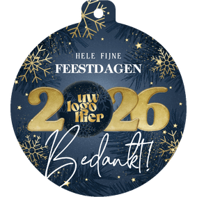 Kerstkaart kerstbalvorm jaartal sneeuwvlokken en logo