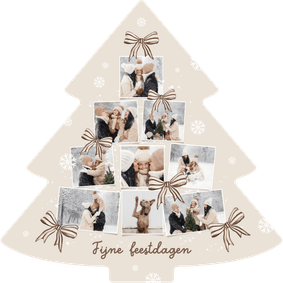 Kerstkaart kerstboom fotocollage strikjes beige sneeuw