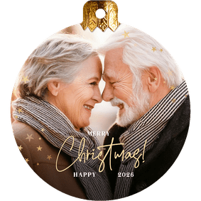 Kerstkaart met eigen grote foto uitgesneden in kerstbal vorm