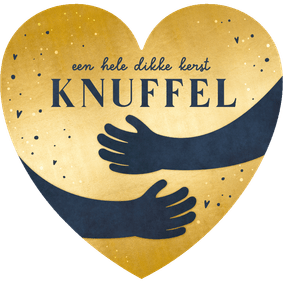 Kerstkaart met gouden hart en kerst knuffel er op.