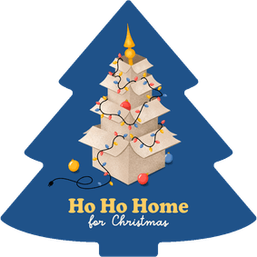 Kerstkaart verhuisbericht kerstboom dozen lampjes kerstbal