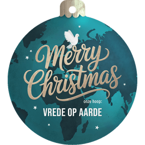 Kerstkaart wereld kerstbal vrede duif sterren