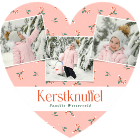 Kerstkaartje hartje roze met foto's en zuurstokjes