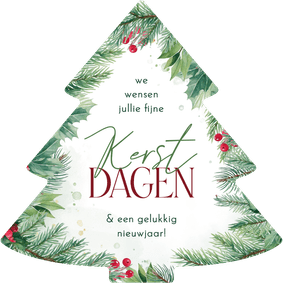 Kerstkaartje hulst en takjes in kerstboomvorm 