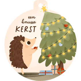 Kerstkaartje kerstbalvorm illustratie egel kerstboom knus
