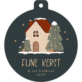 Kerstkaartje kerstbalvorm illustratie huisje sterretjes