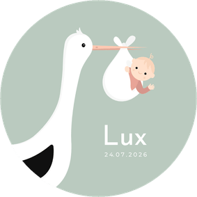 Lief geboortekaartje in ronde vorm met ooievaar & baby