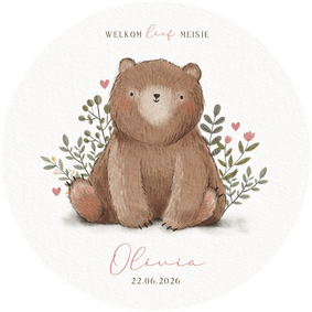 Lief geboortekaartje meisje met beer plantjes en hartjes