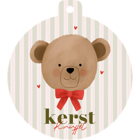 Lief kerstkaartje kerstbal vorm knuffel beer met strik
