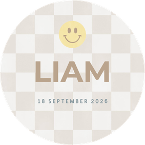 Minimalistisch geboortekaartje gele smiley en beige blokjes