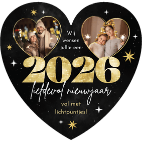 Nieuwjaarskaart hartvorm sterren vuurwerk foto goud 2026