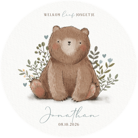 Rond geboortekaartje jongetje met beer plantjes en hartjes